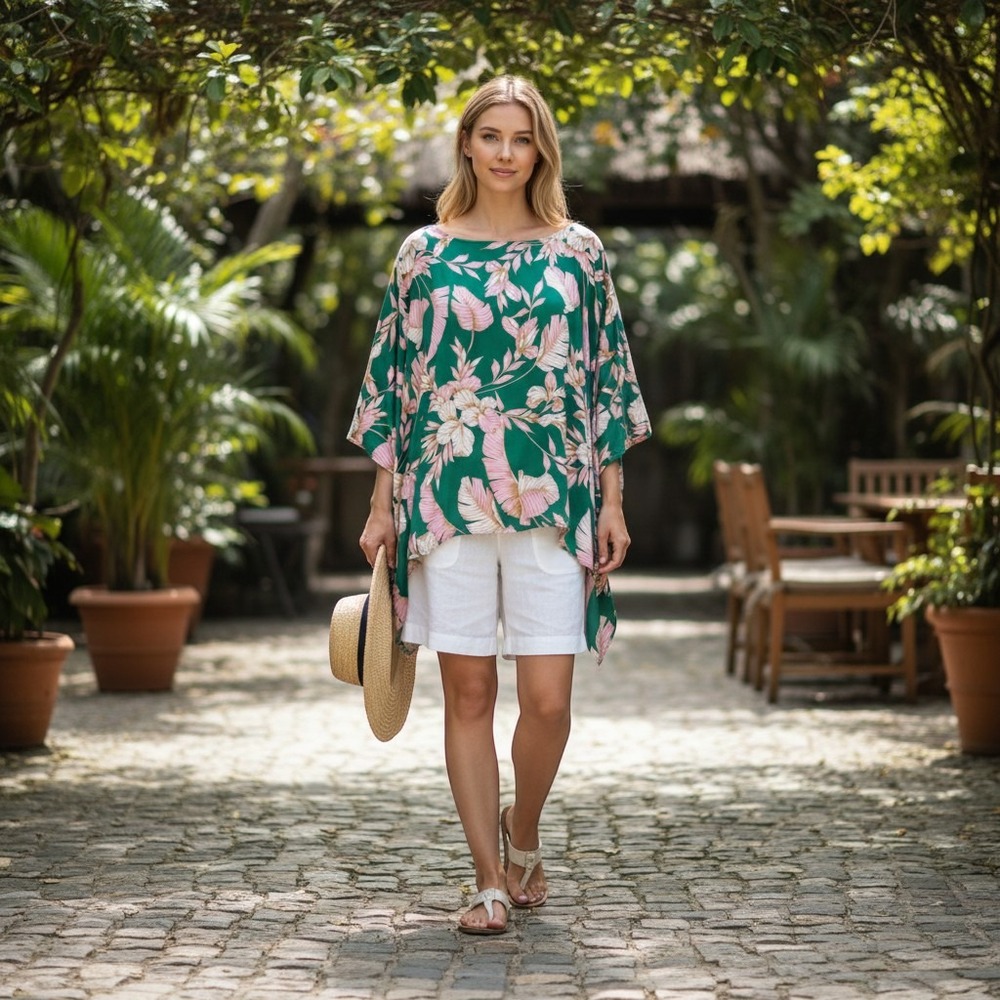 Boston Proper Kaftan Top Women L/XL Green Pink Floral Tropical Palm Leaf‎ Print